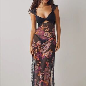 Free People Suddenly Fine Maxi Slip - Floral Sheer Maxi Dress with Lace Detail